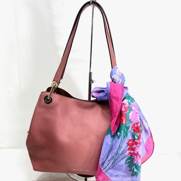 $298  Michael Kors Leather Pink Beige Boho Shoulder Bag With 100% Silk Scarf (3) - Picture 1 of 14
